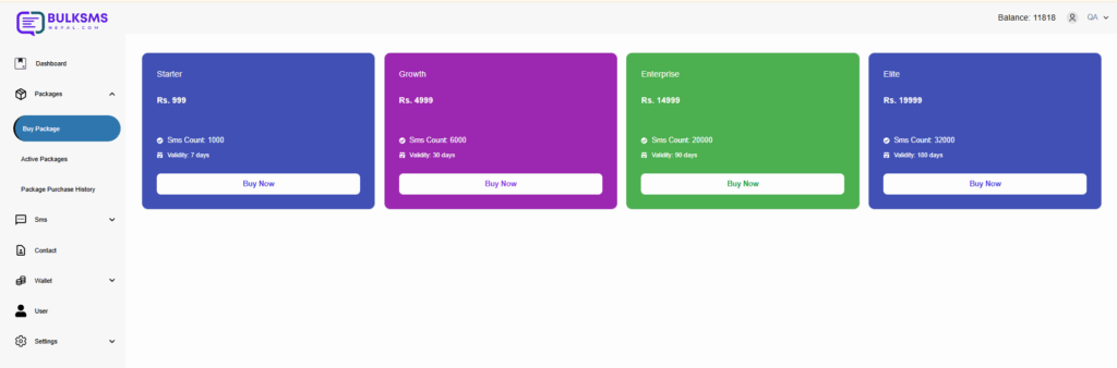 buy packages section of the bulk sms nepal plartform
