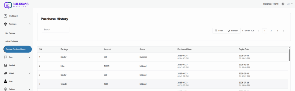 package purchase history section of bulk sms nepal plartform