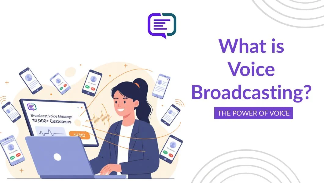 Marketing illustration showing a woman at a laptop running a voice broadcasting campaign; multiple smartphones around her display call/message screens, with text ‘What is Voice Broadcasting? The Power of Voice'.
